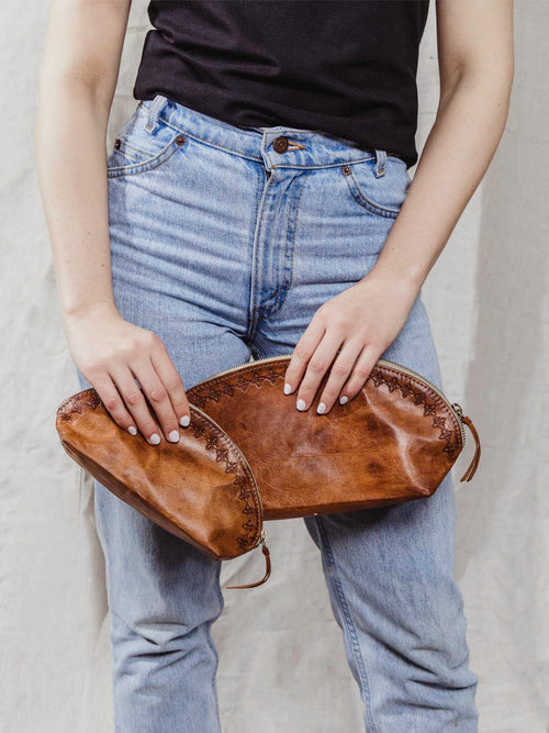 Brown Leather Makeup Bag With Zipper