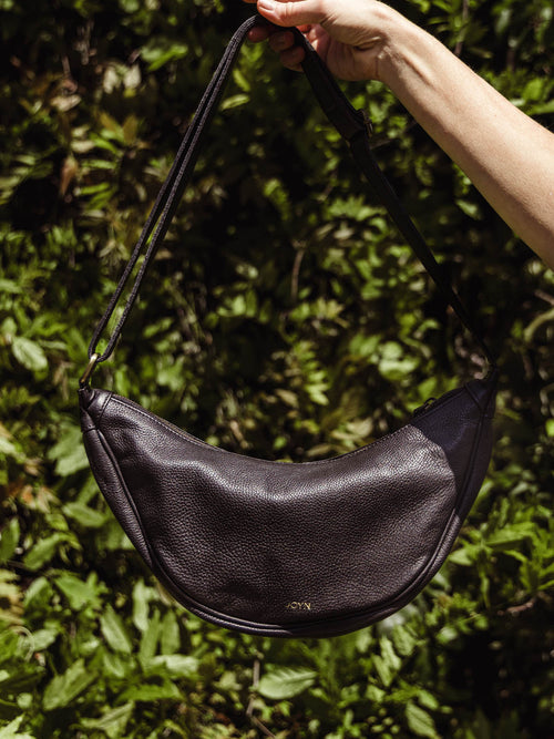 Black Leather Moon Sling Bag